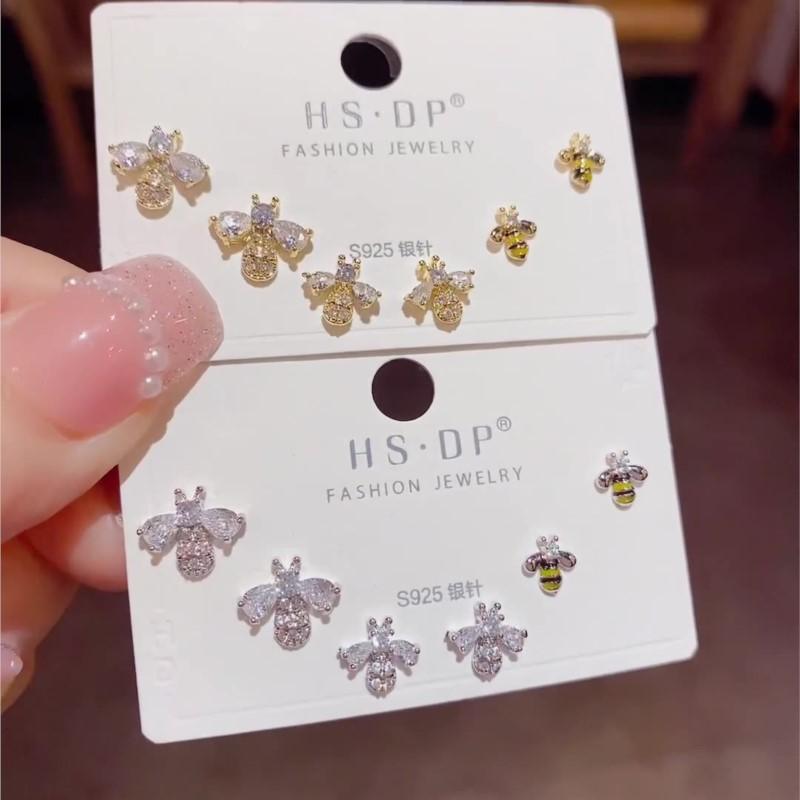 6Pcs/set Bee Animal Zircon Earring Sets for Women Exquisite Gold Stud Earrings Grils Birthday Gifts