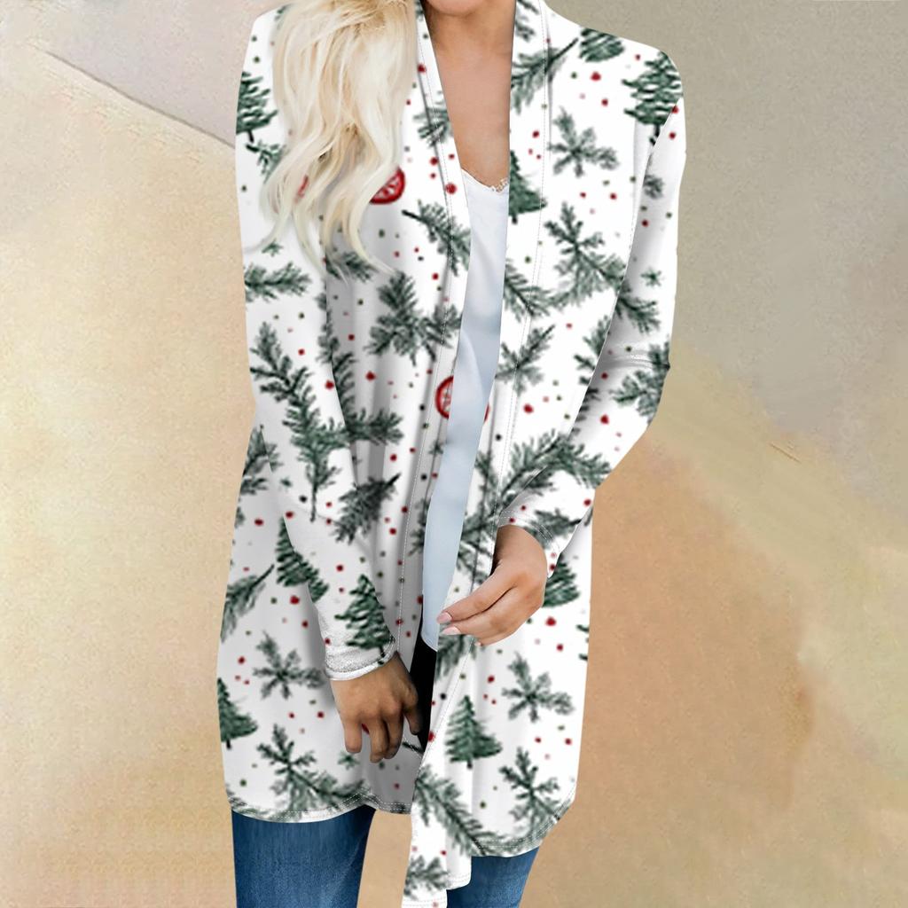 Женская мода повседневная куртка-кардиган средней длины с принтом рождественской елки