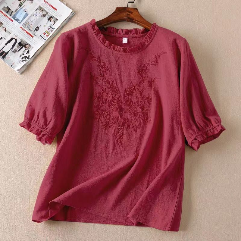 Spring Summer Women's Literary Embroidery Ruffled Lantern Sleeve T-shirt Loose Thin Section Seven-minute Sleeve Round Neck