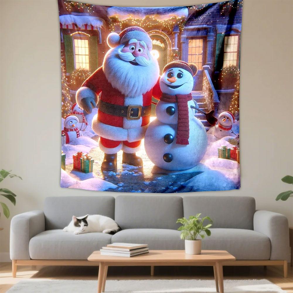 Santa and Snowman Festive Scene Patterned Tapestry Decorative Wall Hanging, Home Bedroom Living Room Decor
