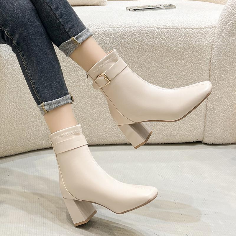 Горячие продажи однотонные универсальные зимние женские ботильоны с квадратным носком на молнии женские элегантные короткие сапоги на толстом высоком каблуке