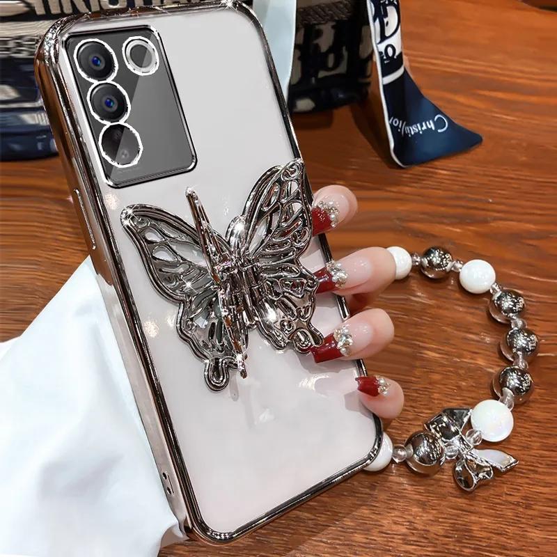 3D Butterfly Phone Holder Bead Bracelet Glitter Plating Case for Samsung Galaxy A14 A24 A34 A54 A15 A25 A35 A55 4G 5G Cover