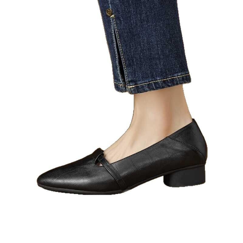 Французские ретро туфли на низком каблуке для женщин, новые весенне-осенние туфли из микрофибры с острым носком и неглубоким горлом 2025 года, однобортные туфли с одной педалью