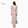 Women Fishtail Dress Round Neck Puff Short Sleeve Embroidered 3D Flower Decor Midi Dress Hip Wrapped Long Dress
