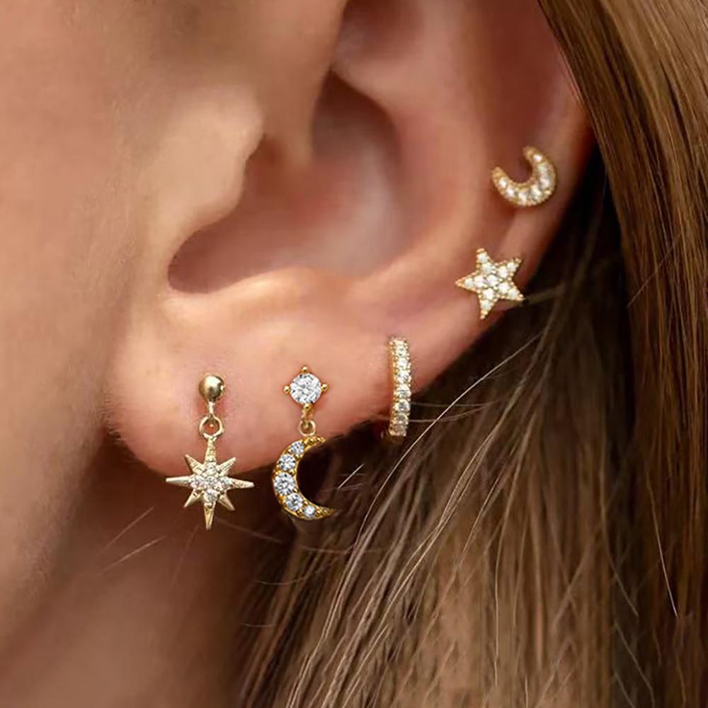 5PCS New Design Gold Color Ear Stud Earring Set For Women Zircon Star Moon Punk Piercing Earrings Helix Tragus Piercing Jewelry