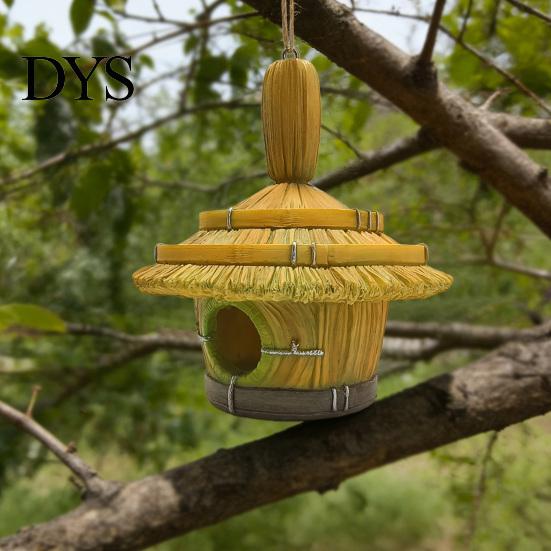 Waterproof Bird House for Patio Thatched Hut House, Decorative Resin Weatherproof Habitat Porch Hanging Shelter Outdoor Garden Backyard Decor Wildlife