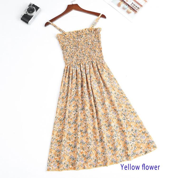 2023 Summer Floral Printed Chiffon Mini Dress Women Casual Fashion Spaghetti Strap Sleeveless Elastic High Waist Dress