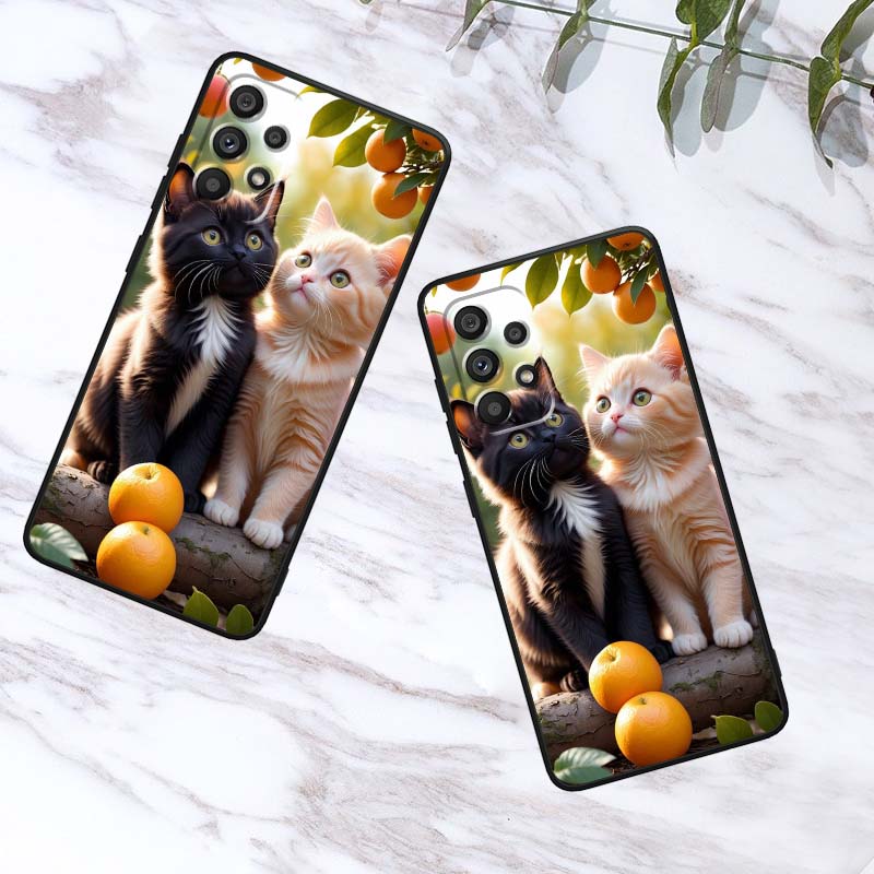 Милая мультяшная кошка Иллюстрация Для Samsung A41 A35 A34 A33 A32 A25 A24 A23 A21s A06 A05 A04 A03 Note 10 20 Ultra 5G Черный Чехол