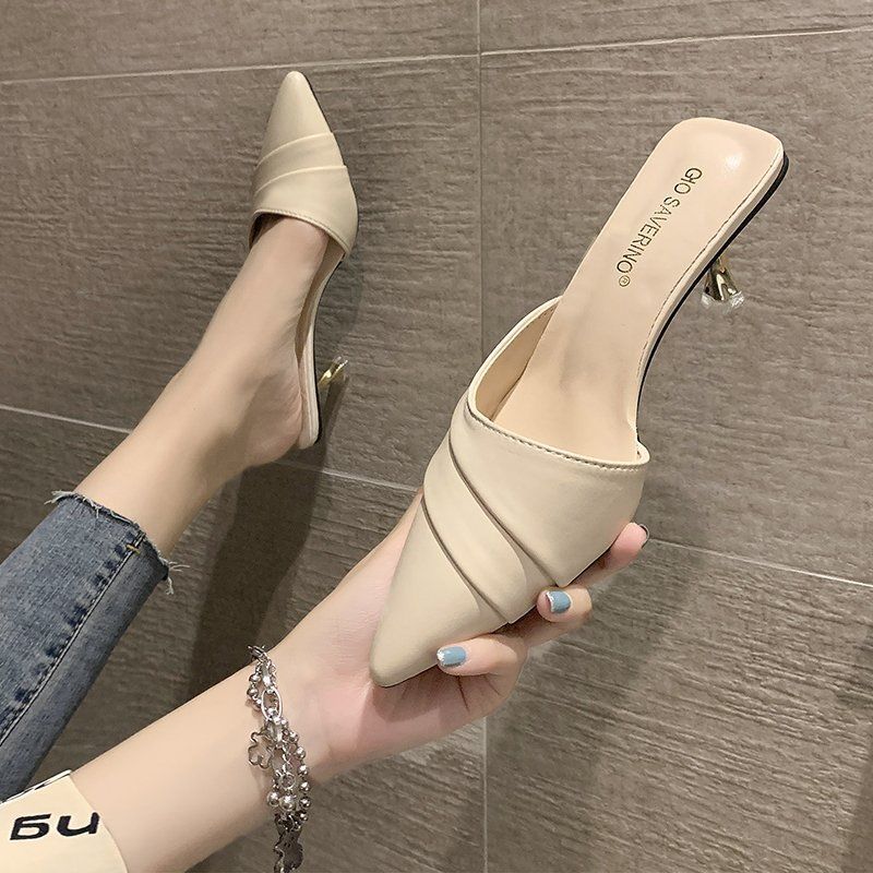 Women's Slippers and Ladies Sandals Pointed Toe Slides Outside Summer 2024 Heeled Green Shoes Mules Rubber H Sandal Korea Style