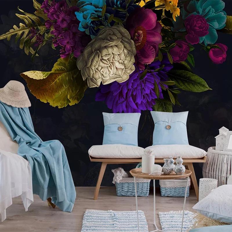 Индивидуальная фреска Ретро Цветок Черный фон Настенное украшение Живопись Отель Кабинет Спальня Обои Papel De Parede 3D