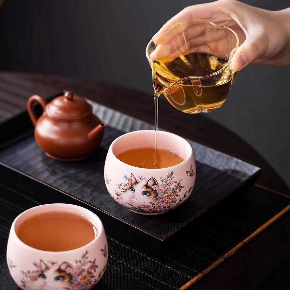 Керамическая чашка для чая с рисунком кота и цветов, китайская, для кунг-фу, 185 мл