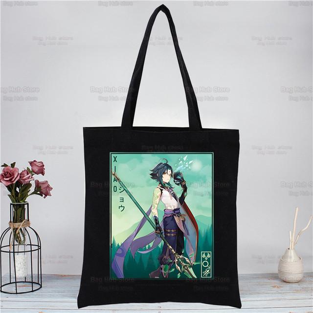 Genshin Impact Xiao аниме-игровые сумки, тканевая холщовая большая сумка, черная сумка для покупок, путешествий, женские эко-многоразовые сумки на плечо для покупок