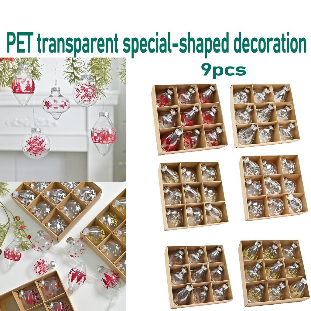 9pcs Christmas Ball Pendants Transparent Pet Special-shaped Christmas Ball Decoration Pendants Christmas Party Snowflake Elk Christmas Tree Ornaments