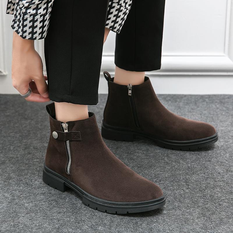 Ботинки Челси из коровьей замши, мужские ботильоны, модные трендовые мужские деловые ноские туфли без застежек, увеличивающие рост, подошва с боковой молнией