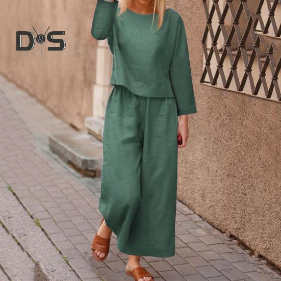 2 Pcs/Set Fall Spring Women Top Pants Set Long Sleeves Round Neck T-shirt Elastic Waist Trousers with Side Pockets OL Commuting Sport Pantsuit Outfit