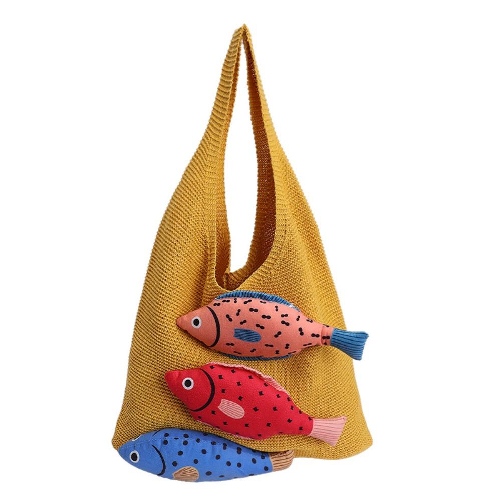 Crochet Weave Knitted Bag Cotton Beach Bag Trendy Fish Shoulder Bag Tote Bag