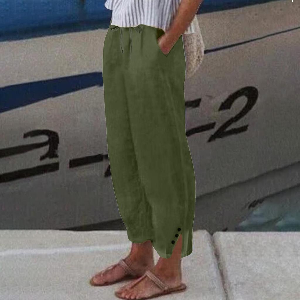 Женские льняные укороченные брюки - повседневные брюки с разрезом на пуговицах