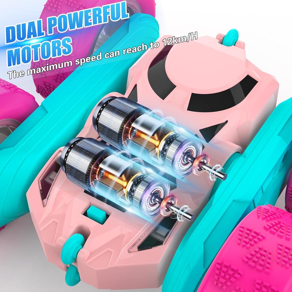 Pink Remote Control Car for Girls 6-12 Year Old Double Sided 360Captive Rotating 4WD Rechargeable RC Cars Race Stunt Toy Car for Kids Birthday