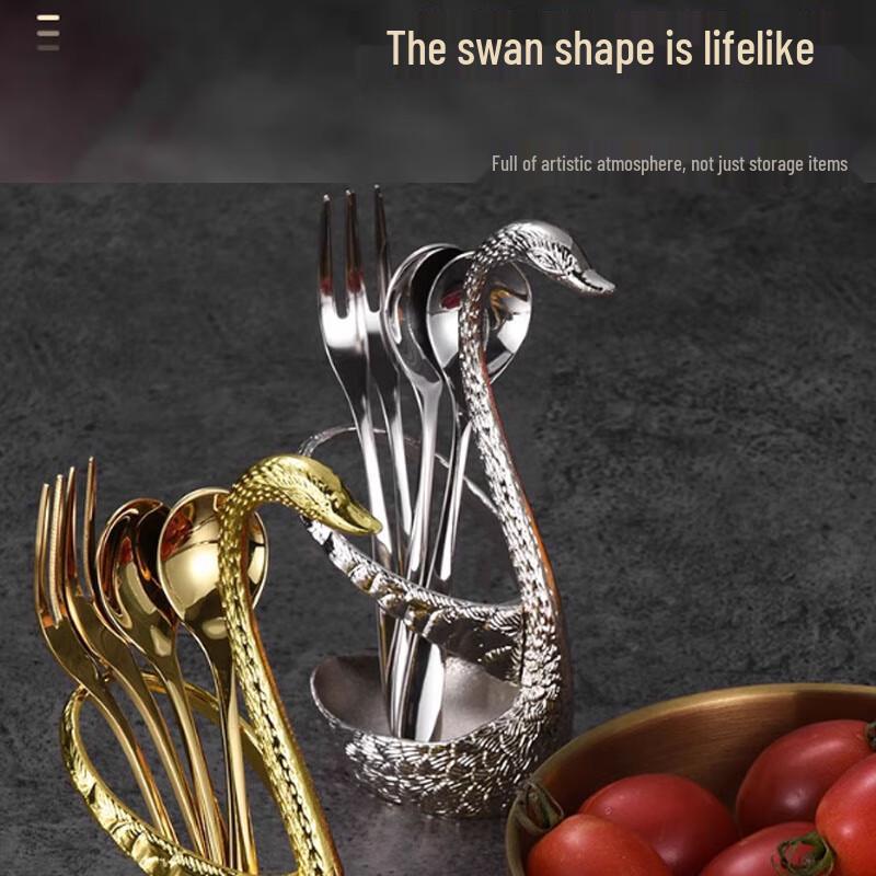 Luxury Stainless Steel Swan Holder Fruit Fork & Coffee Spoon Set