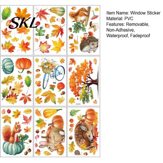 Cute Squirrel Hedgehog Deer Decals 9PCS Autumn Forest Animal Window Clings, Thanksgiving Maple Leaf Pumpkin Stickers, Reusable Static Clings