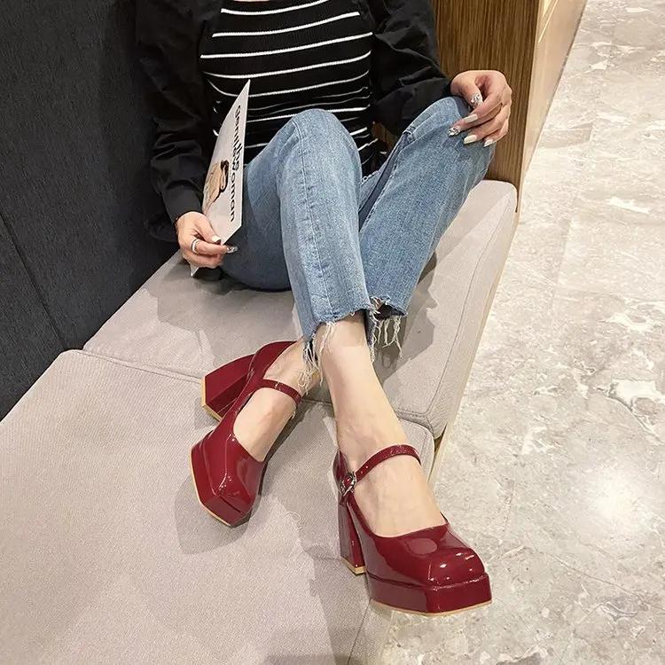 Модные туфли на платформе женские туфли 2024 года с квадратным носком на толстом каблуке женские туфли Мэри Джейн из лакированной кожи на высоком каблуке туфли для вечеринок квадратный носок квадратный каблук