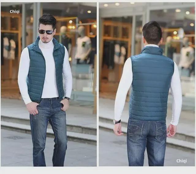 Men's Lightweight Down Cotton Vest Jacket - Large, Warm, Fashionable Stand-Up Collar