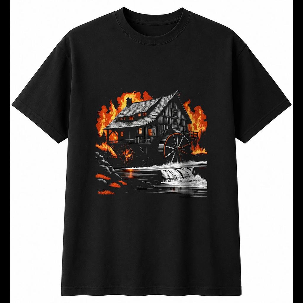 Water Mill Greyscale Retro Mens T-Shirt Black 100% Cotton Classic Printed