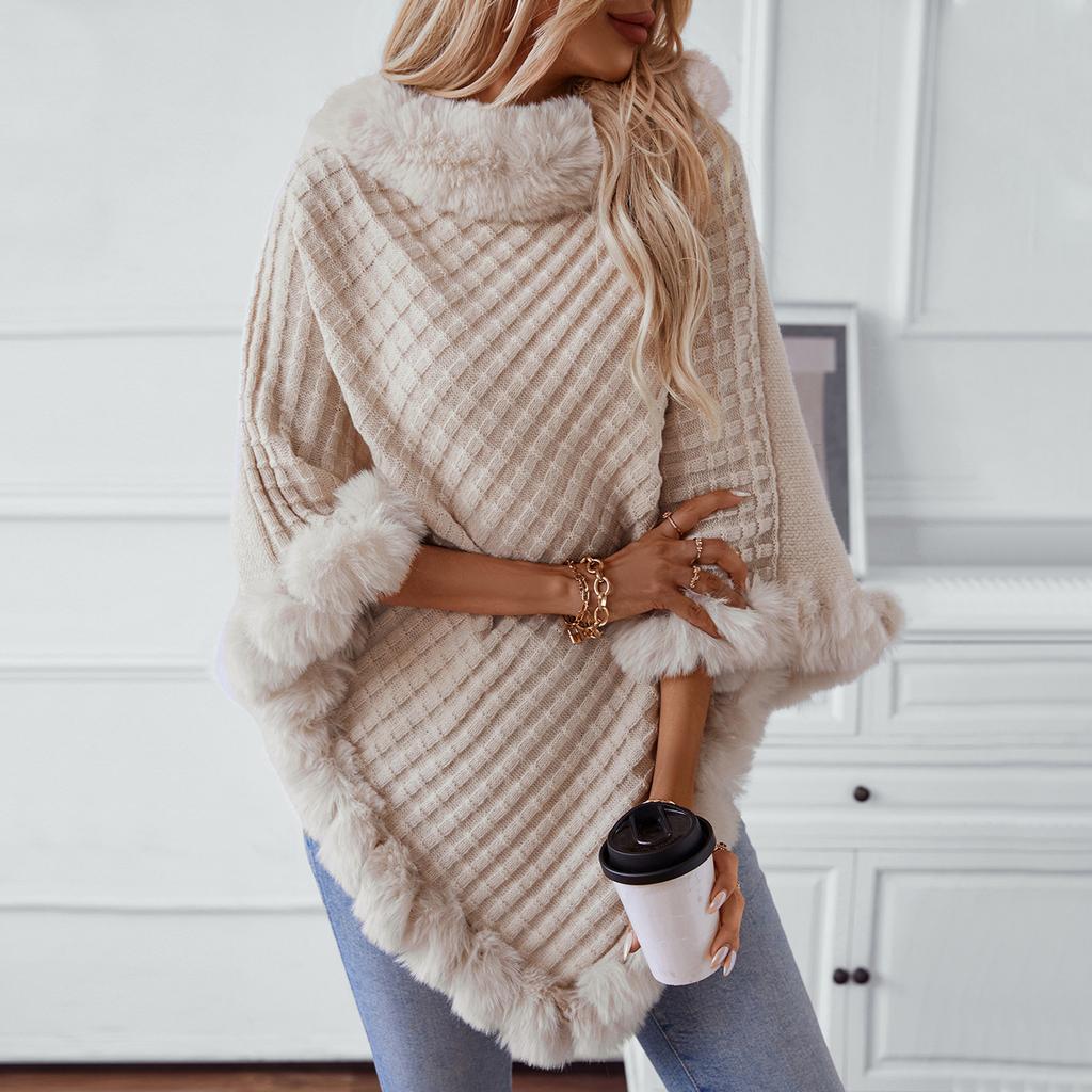 Casual Poncho for Women Solid Color Shawl Wrap Cape with Faux Fur Trim Winter Sleeveless Cloak Coat Womens Warm Pullover Luxury Knitted Sweater Poncho
