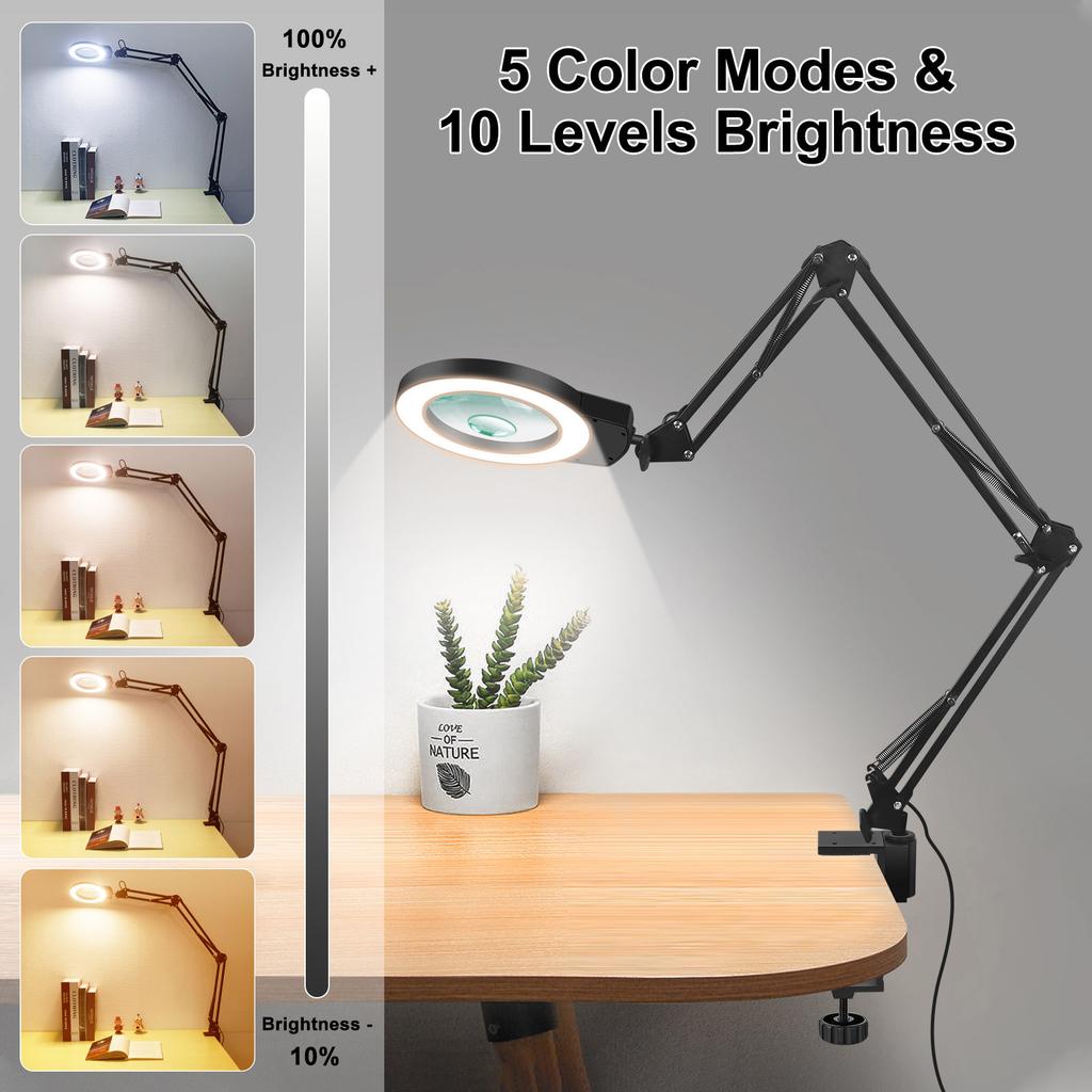 Long Swing Arms 5X/10X Magnifying Glass Lamp with 5 Color Adjust LED Lights Reading Table Lamp for Welding Repair Close Work