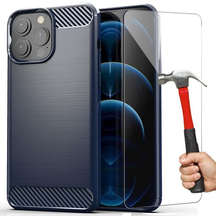 Coque de protection - PROSHOP - pour iPhone 12 Pro - Effet Carbone - Bleu Marine - Lot de 2 Verres Trempés