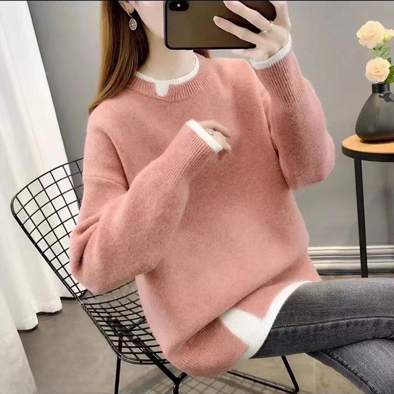 Свитер большого размера из толстой вязки на осень/зиму - Свободный крой, корейский стиль, Двухцветный дизайн, Повседневная вязаная одежда для женщин