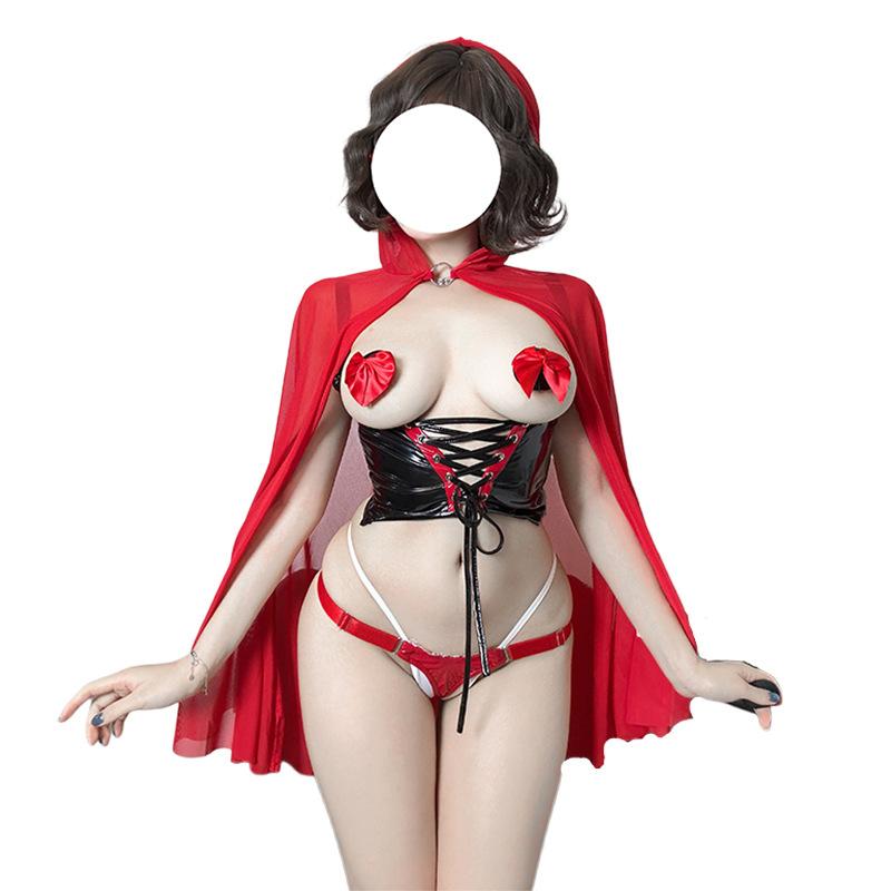 Anime Little Red Riding Hood Sexy Lingerie Cosplay Costume Women Open Bra Crotchless Bodysuit Erotic Nightdress