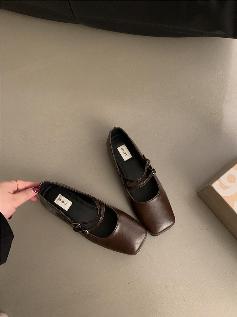 Flat Bottom Silver Square Head Mary Jane Shoes Women's Spring 2025 New Double Buckle with Light Mouth Single Shoes