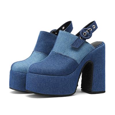 Женские сандалии больших размеров, модные, с цветными блоками, из денима, с ремешком сзади, на высокой водонепроницаемой платформе, с вырезами