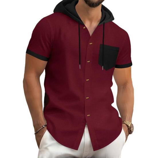 Мужская летняя футболка с капюшоном, короткий рукав, застежка на пуговицы, нагрудный карман, вафельный цветной блок, повседневная футболка с капюшоном для спортзала, уличная одежда