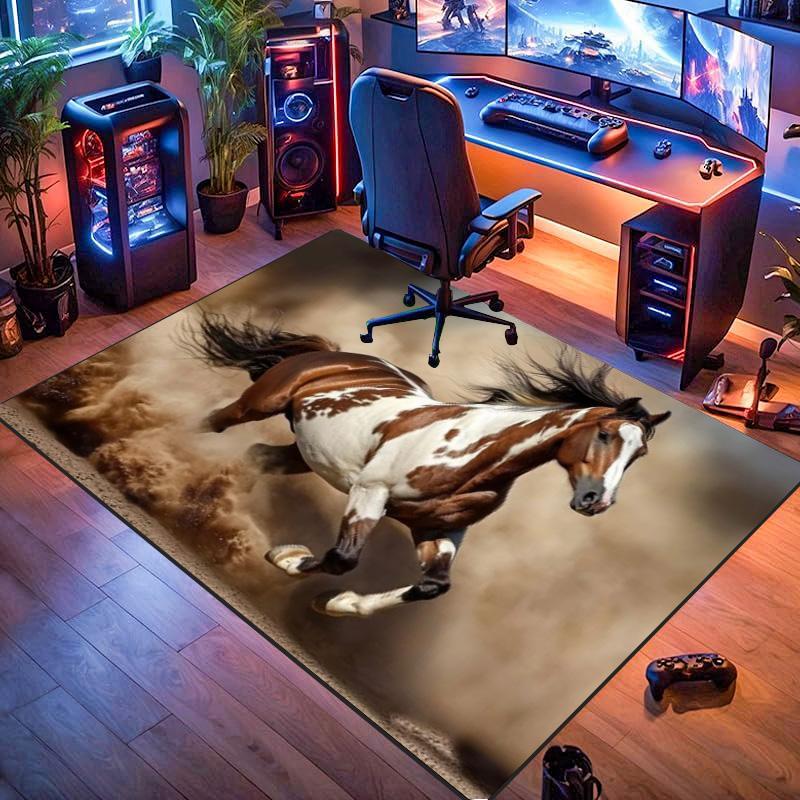 Pinto Paint Running Horse Dust Storm Print Area Rug Wildlife Animal Non Slip Rectangular Floor Mat Horse Lover Gaming Room Bedroom Decor Rug
