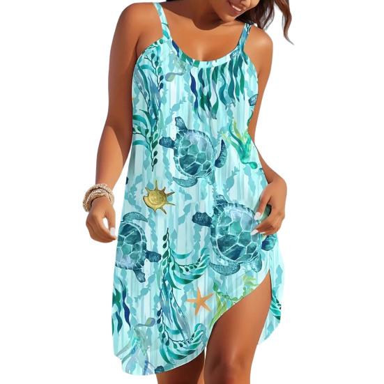 Женское пляжное платье без рукавов, свободное мини-платье с рисунком океана, летнее платье для отпуска, праздничный наряд