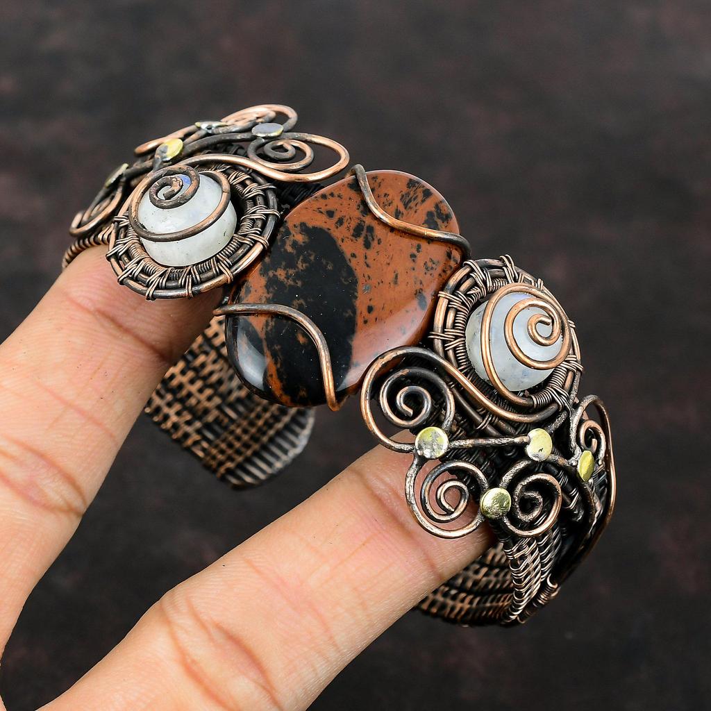 Браслет-манжета из красного дерева обсидиана, обернутый медной проволокой, браслет-манжета из радужного лунного камня, регулируемый браслет, украшения ручной работы, браслет из драгоценного камня, свадебный подарок