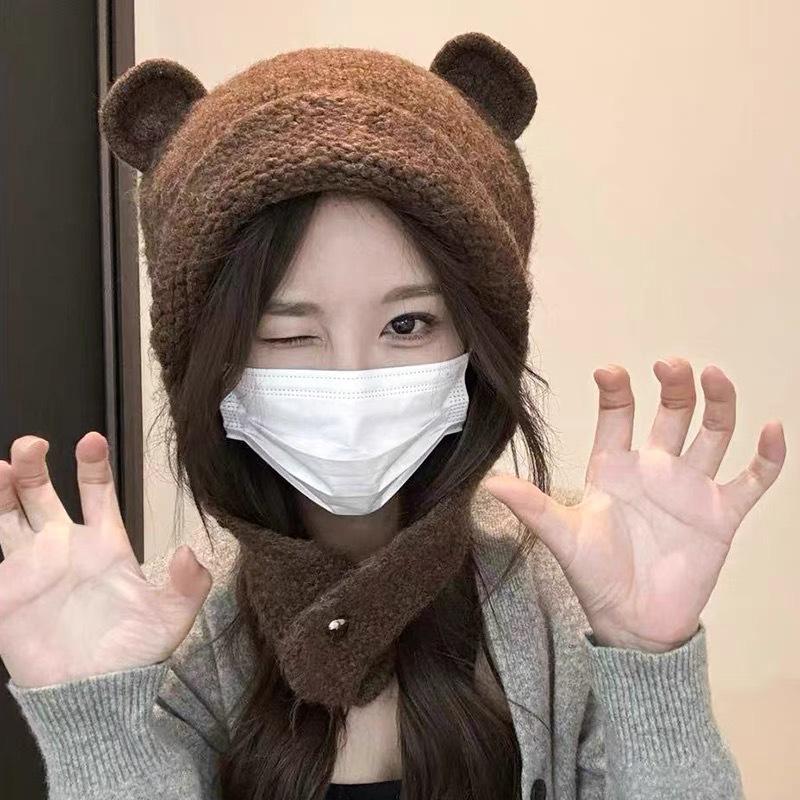Cute three-dimensional bear ears wool hat women's autumn and winter new warm knitted ear hat Lei Feng hat