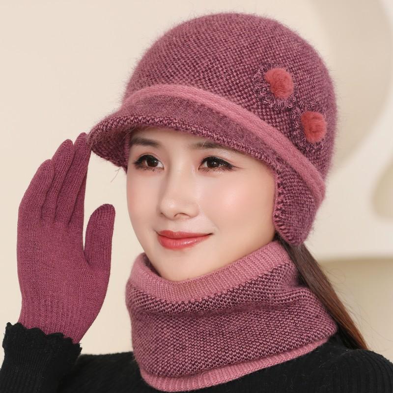 In The Elderly Hat Women Winter Double Warm Ear Protection Wool Hat Cold Knitted Cap