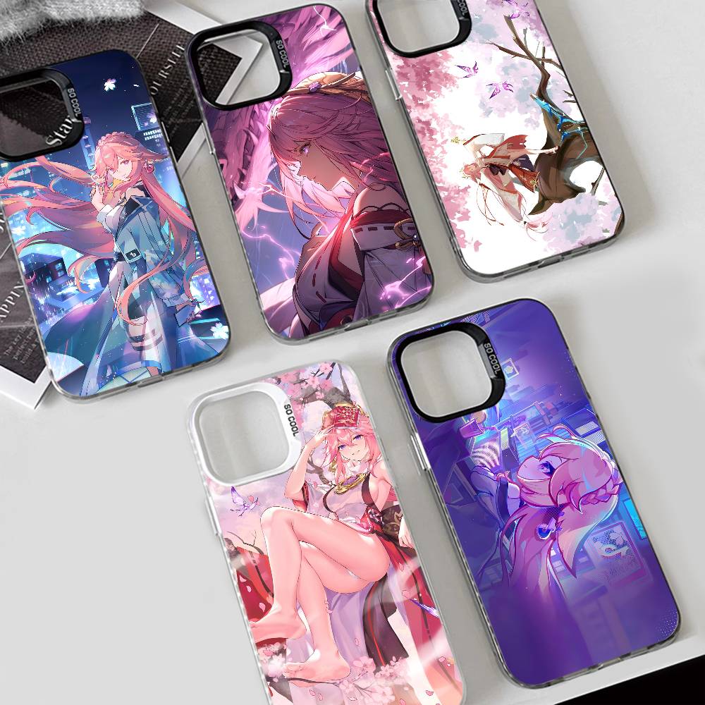 Чехол для телефона Yae Miko Genshin Impact для iPhone 17 17Air 16 15 14 13 12 11 Pro Max Plus Цветной Серебристый