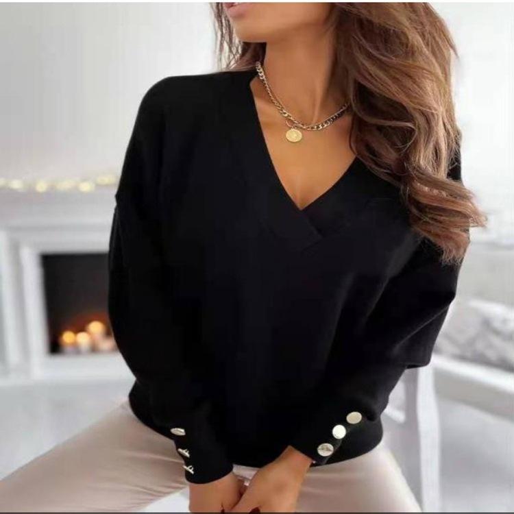 Осенне-зимняя модная женская мода с v-образным вырезом и длинным рукавом, повседневная однотонная трикотажная пуловер на пуговицах, свитера, джемпер