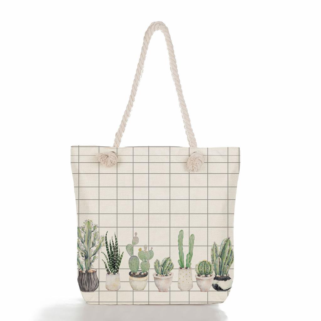 Marble green leaves print thick rope single-shoulder beach bag 7273 CLE