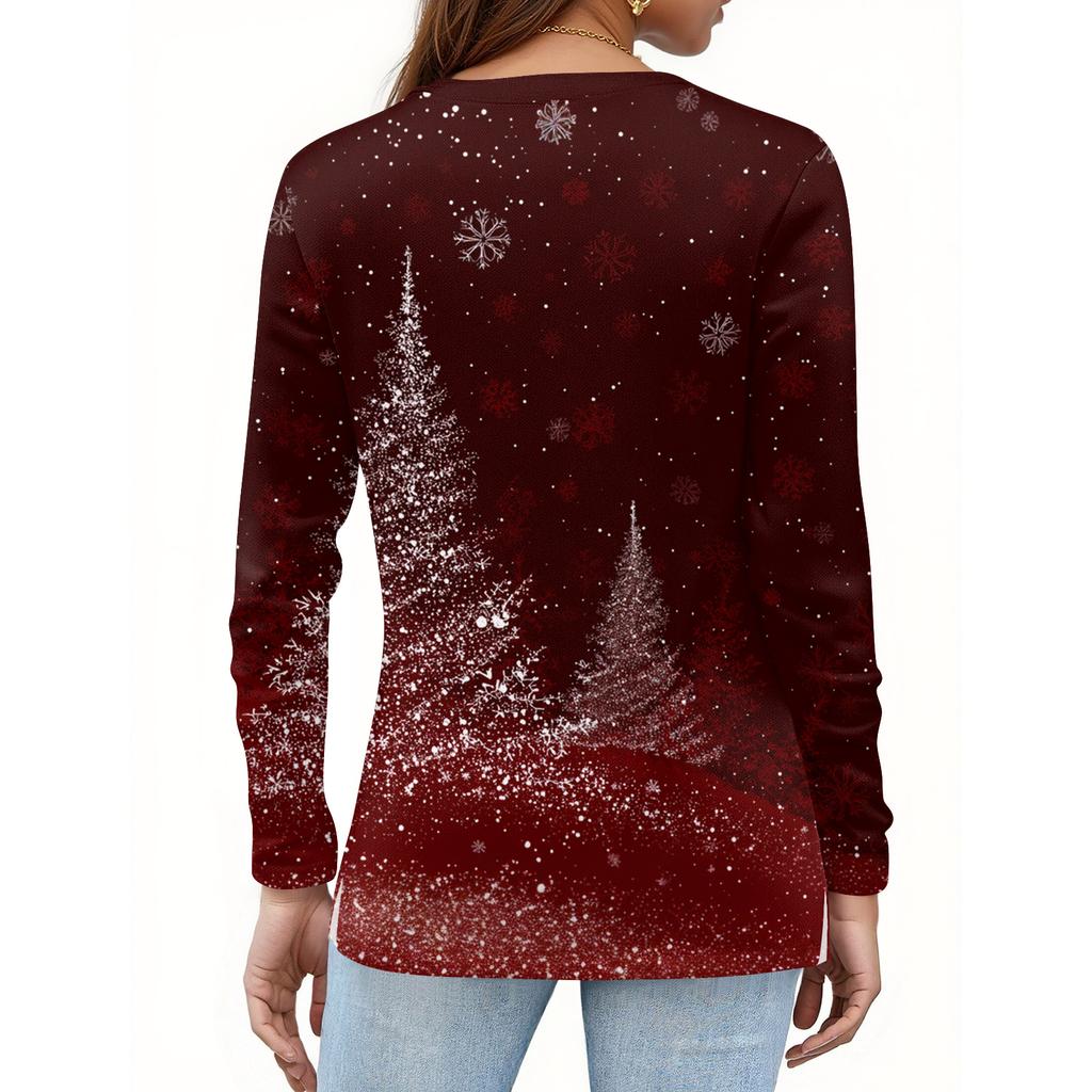 Women's Fashion Casual H Printed V-Neck Long Sleeve Decorative Button T-Shirt Tops