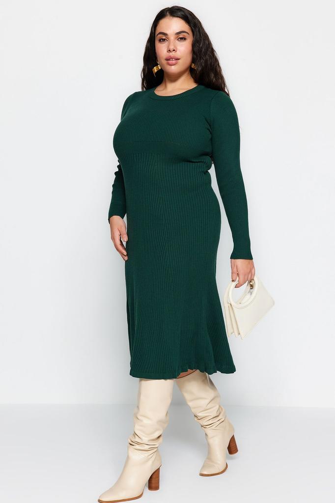 Women's Style Plus Size Brown Crew Neck Midi Knitwear Dress