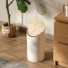 Round Plastic Trash Can with Wood Lid, Japanese-Style Garbage Recycling Bin, Slanted Waste Bin with Swing Lid, for Bathrooms,