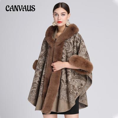 Зимняя женская накидка-шаль с меховым воротником, жаккардовым капюшоном, большим размером, с семиточечными рукавами, твидовый жакет, кардиган