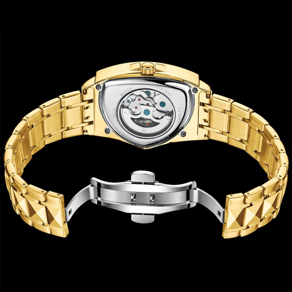 Автоматические мужские часы класса люкс из нержавеющей стали с треугольным циферблатом, механические наручные часы-скелетоны, водонепроницаемые, светящиеся часы