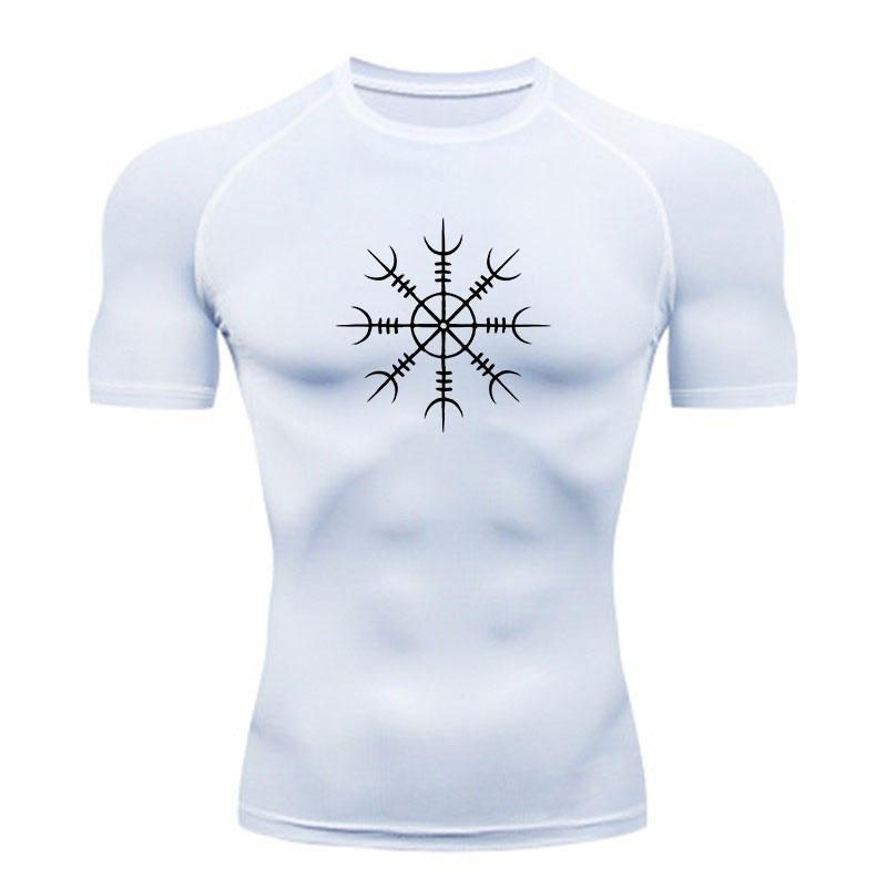 Men's Compression Fitness Sports T-Shirt, Vintage Norse Rune Symbol Print Quick Dry Breathable Athletic Workout Top for Gym Running Training Active We