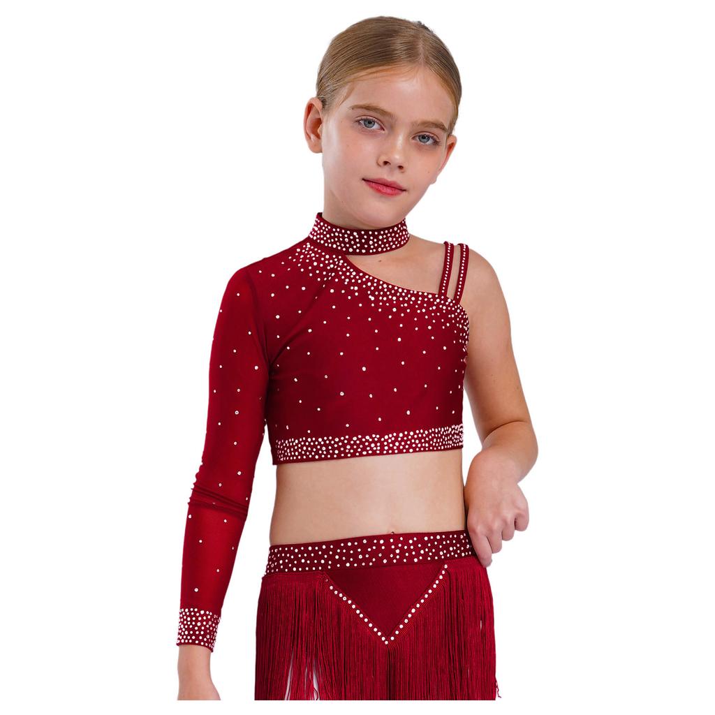 Детский топ для танцев для девочек, блестящий, с стразами, укороченный топ, уникальный асимметричный дизайн плеча для сценического выступления и танцевального конкурса